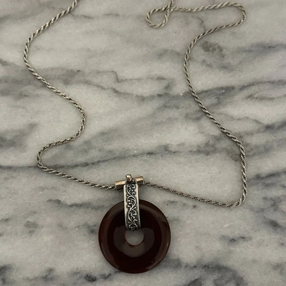 Carnelian Chinese disk sterling silver ornate setting plus 23” rope chain